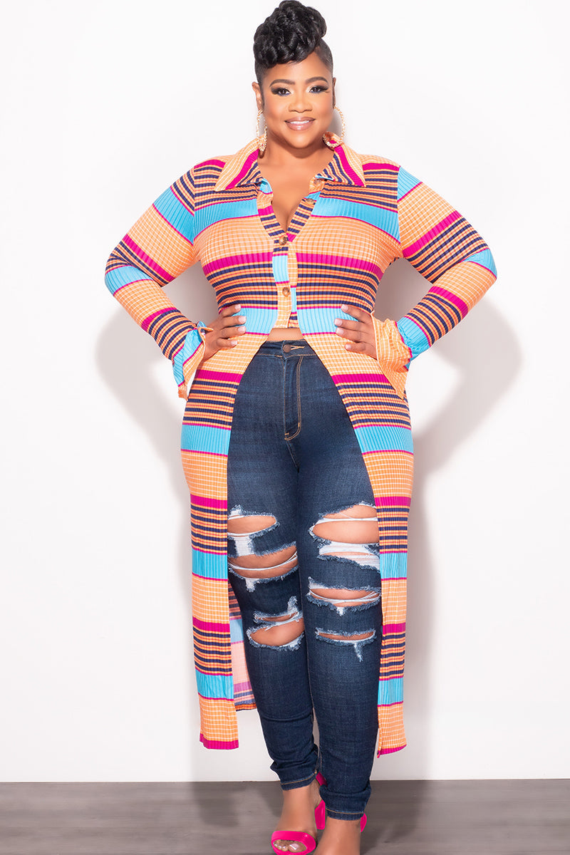 Final Sale Plus Size Ribbed Collar Button Up High-Low Top in Orange Multi Color Print