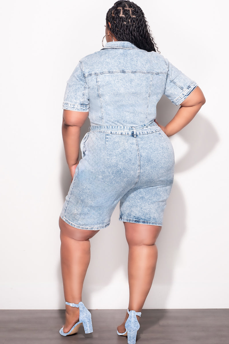 Final Sale Plus Size Collar Button Up Romper in Light Acid Wash