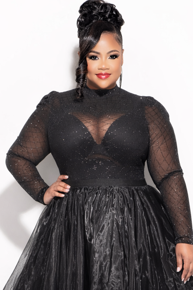 Final Sale Plus Size Glitter Mesh Bodysuit in Black (Bodysuit Only)