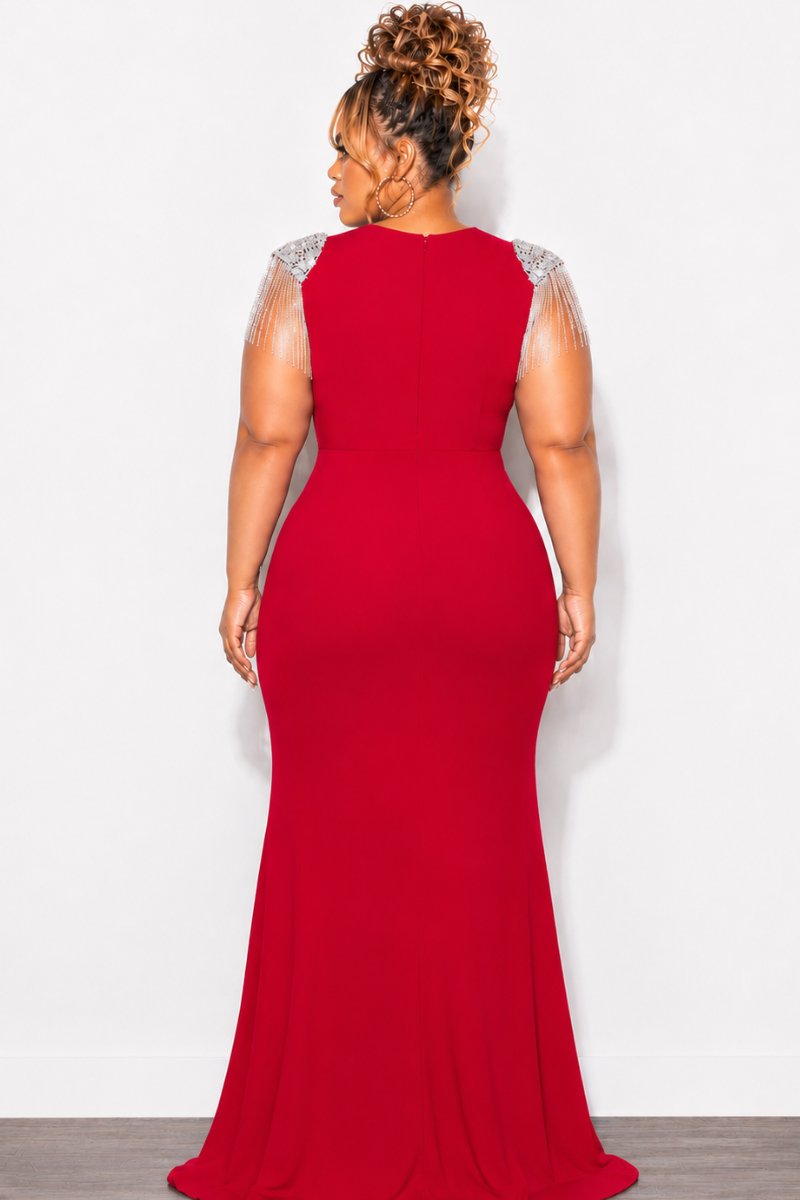 Final Sale Plus Size Deep V Rhinestone Fringe Shoulder With Maxi Dress in Red