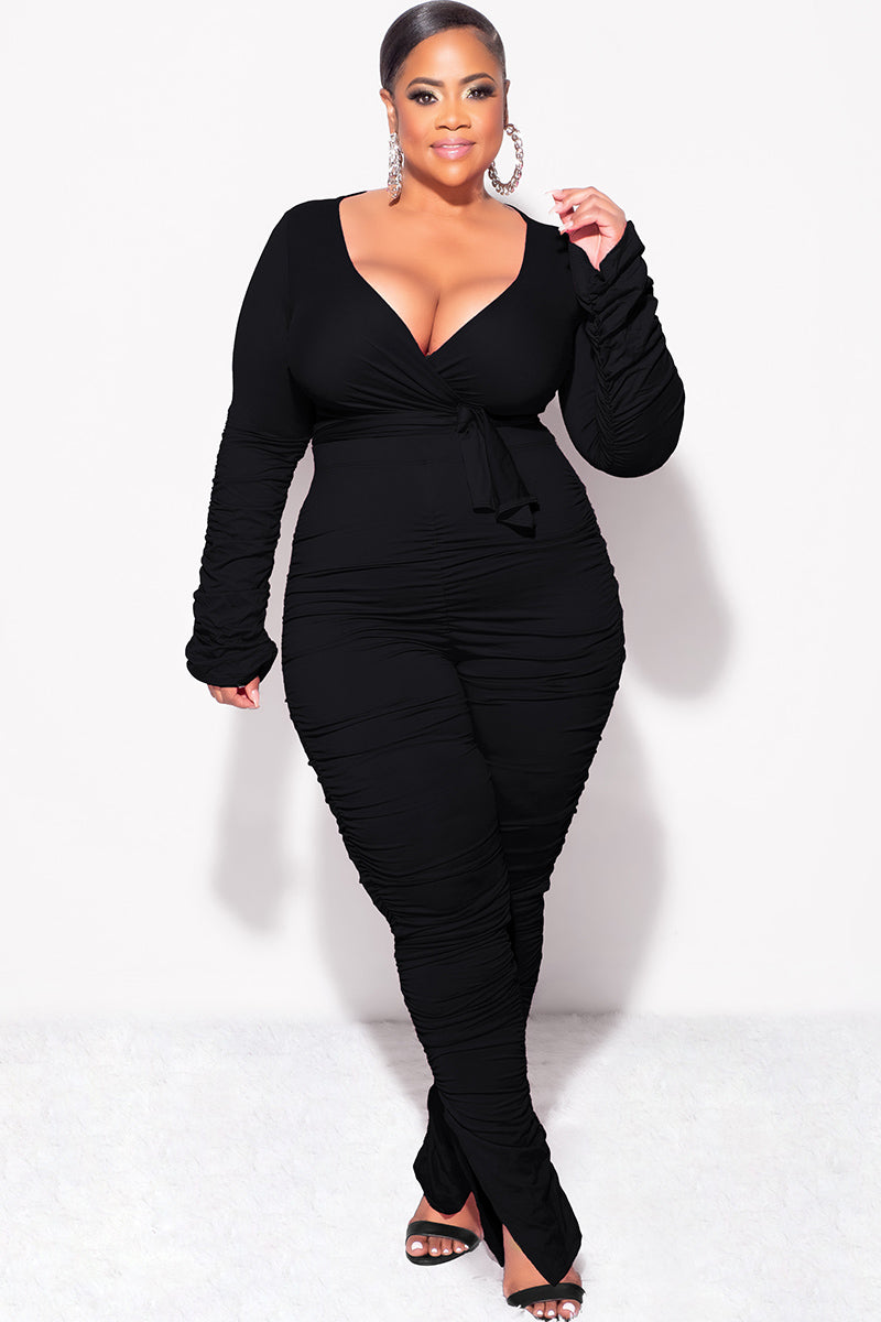 Final Sale Plus Size Ruched 2pc Faux Wrap Tie Top and Pants in Black