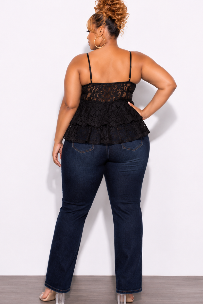 Final Sale Plus Size Lace Halter Top in Black with Ruffle Middle