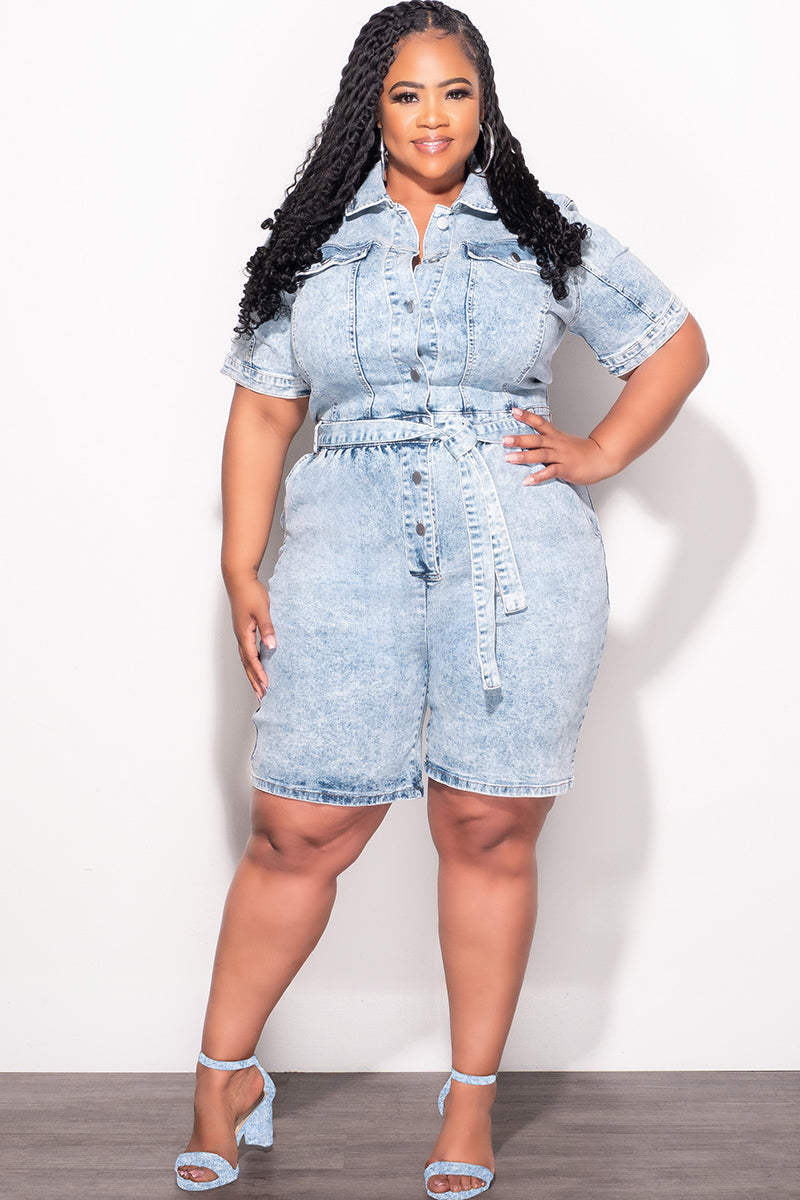 Final Sale Plus Size Collar Button Up Romper in Light Acid Wash