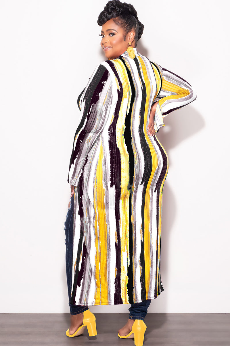 Final Sale Plus Size Ribbed Collar Button Up High-Low Top in Mustard Black and White