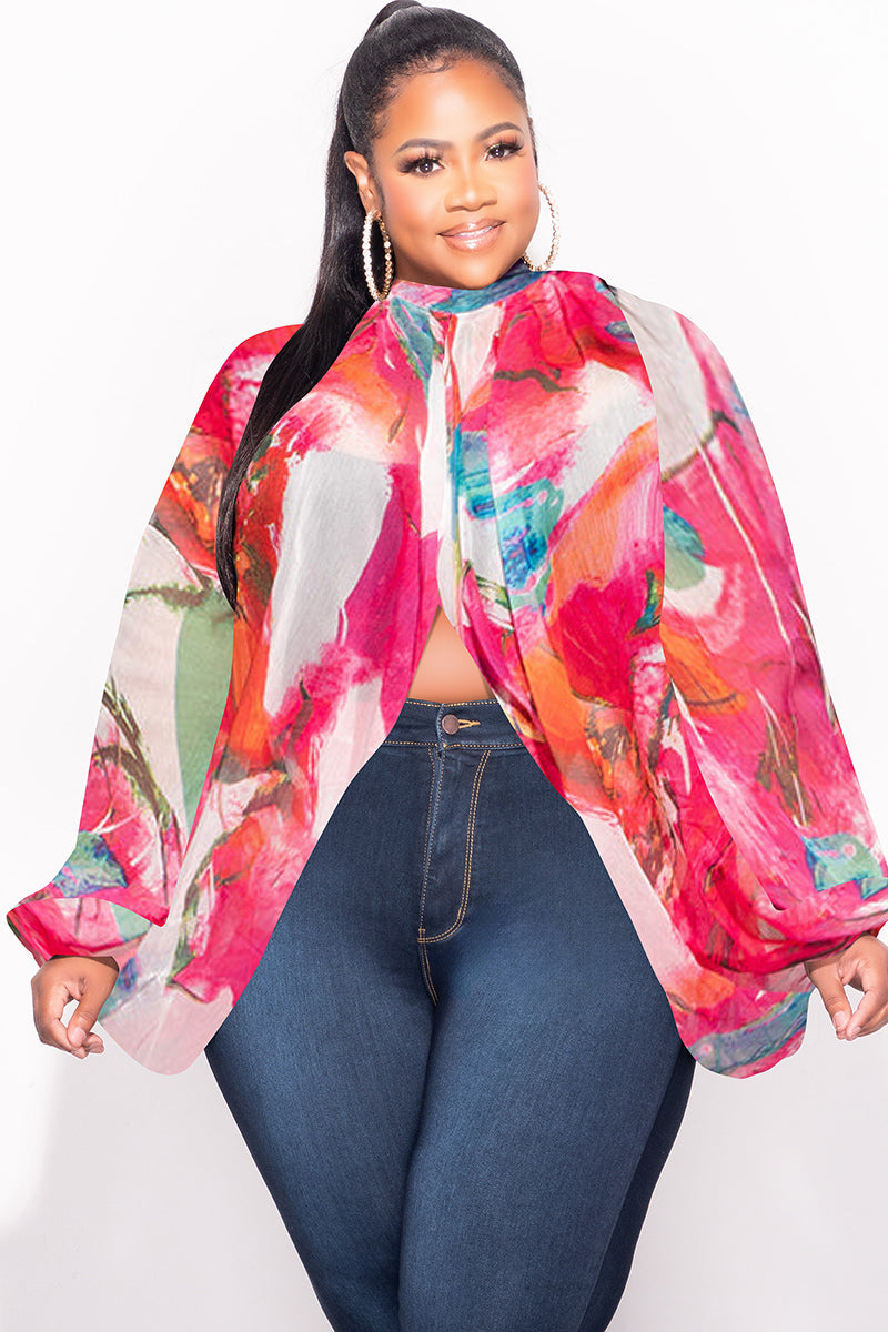 Final Sale Plus Size Sheer Balloon Sleeve Crop Top in Fuchsia Multi Color