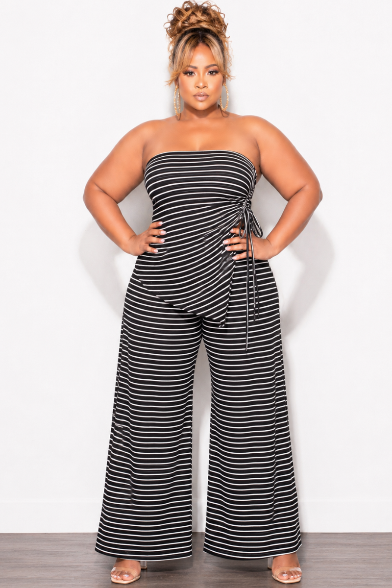 Final Sale Plus Size 2pc Tube Top and Wide Leg Pant Set In Black & White Stripe