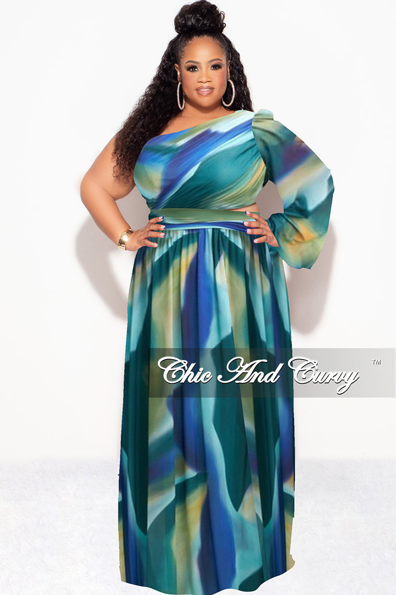 Final Sale Plus Size One Shoulder Sheer Mesh Dress with Cutout and Front Slit in Blue Multi Color