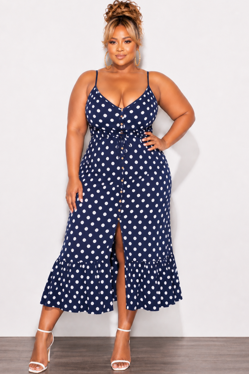 Final Sale Plus Size Spaghetti Strap Maxi Dress in Navy with White Polka Dots
