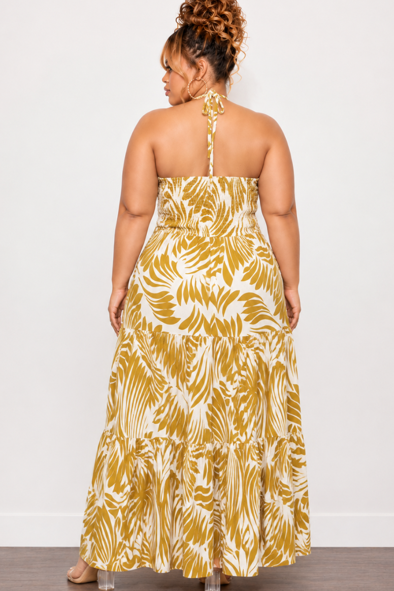 Final Sale Plus Size Halter Tiered Dress in Mustard & Off White  Print