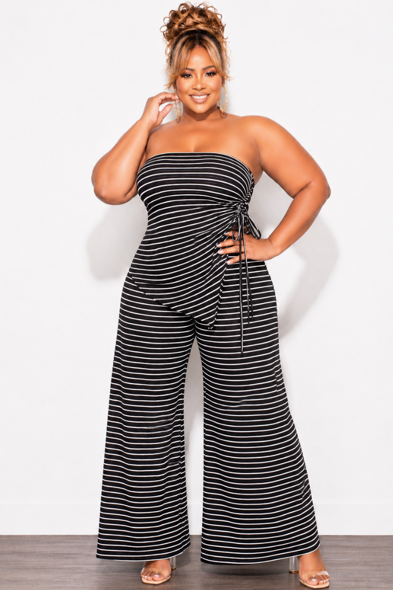 Final Sale Plus Size 2pc Tube Top and Wide Leg Pant Set In Black & White Stripe