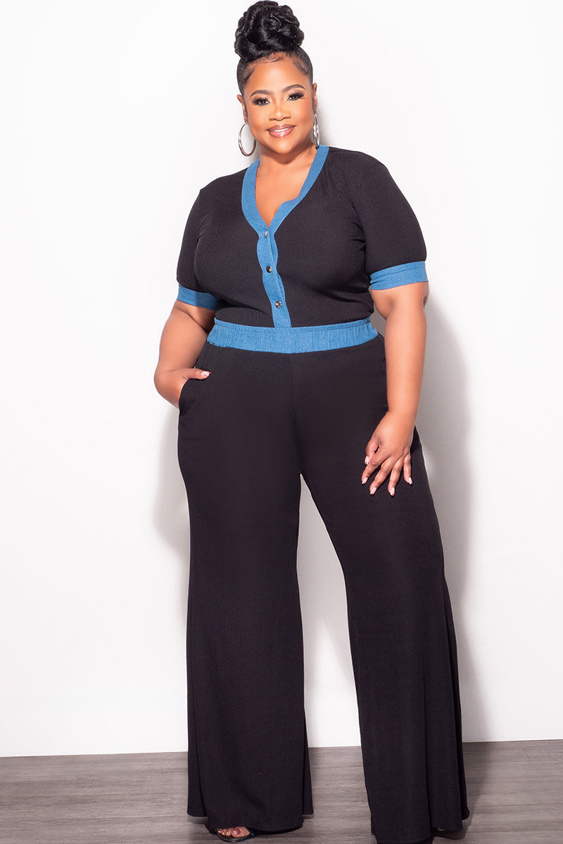 Final Sale Plus Size 2pc Set Short Sleeve Top and Pants in Black and Blue
