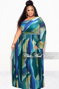 Final Sale Plus Size One Shoulder Sheer Mesh Dress with Cutout and Front Slit in Blue Multi Color