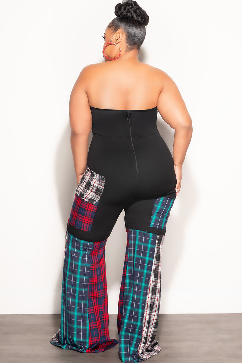 Final Sale Plus Size Strapless Lace Up Black & Multi-Color Plaid Patchwork Jumpsuit