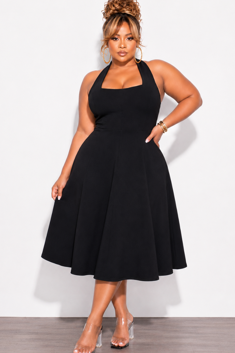 Final Sale Plus Size Halter Square Neck Ponte Dress in Black