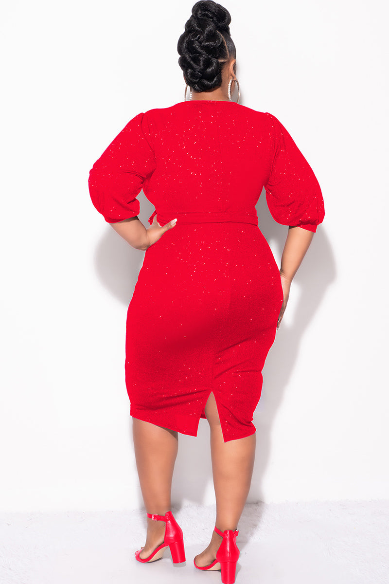 Final Sale Plus Size Faux Wrap BodyCon Dress with Waist Tie in Red Glitter