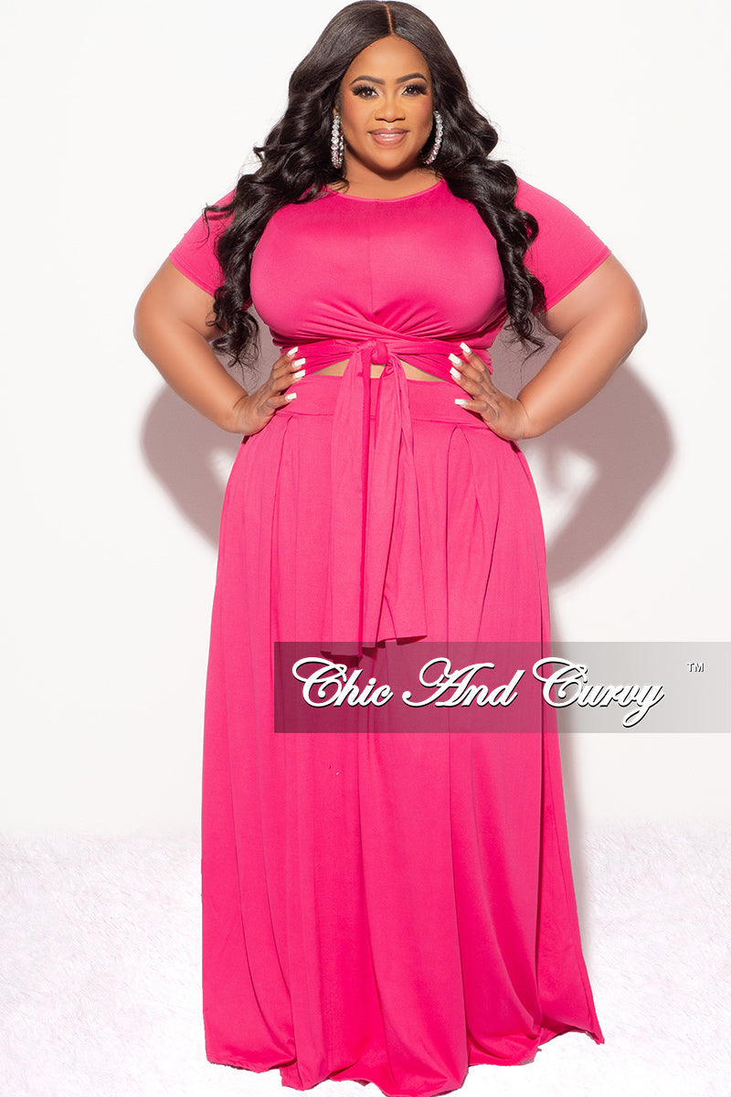 Final Sale Plus Size 2pc Short Sleeve Tie Top and Skirt Set in Fuchsia Pink