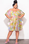 Final Sale Plus Size Smocked Chiffon Baby Doll Dress in Pink & Yellow Print
