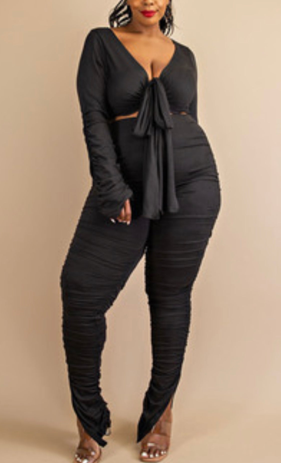 Final Sale Plus Size Ruched 2pc Faux Wrap Tie Top and Pants in Black