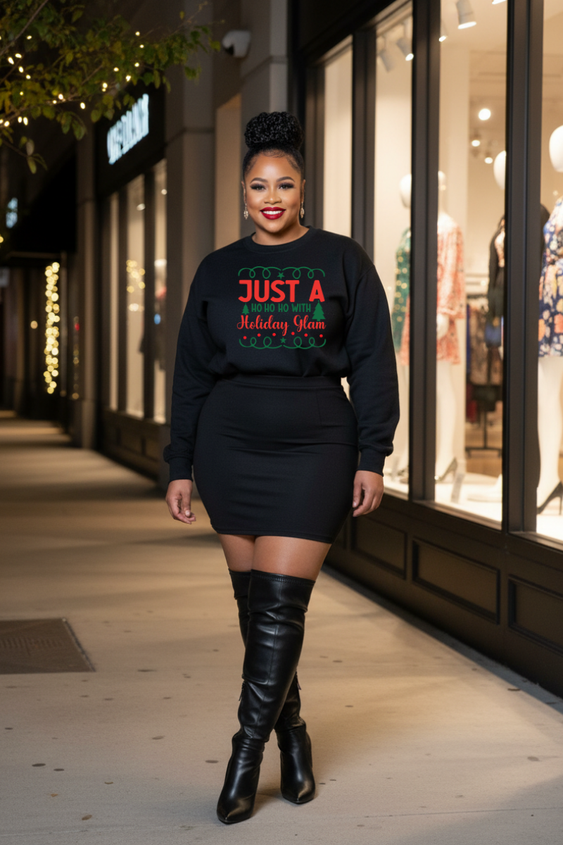 Just a Ho Ho Ho with Holiday Glam sweatshirt | Christmas tree lights holiday