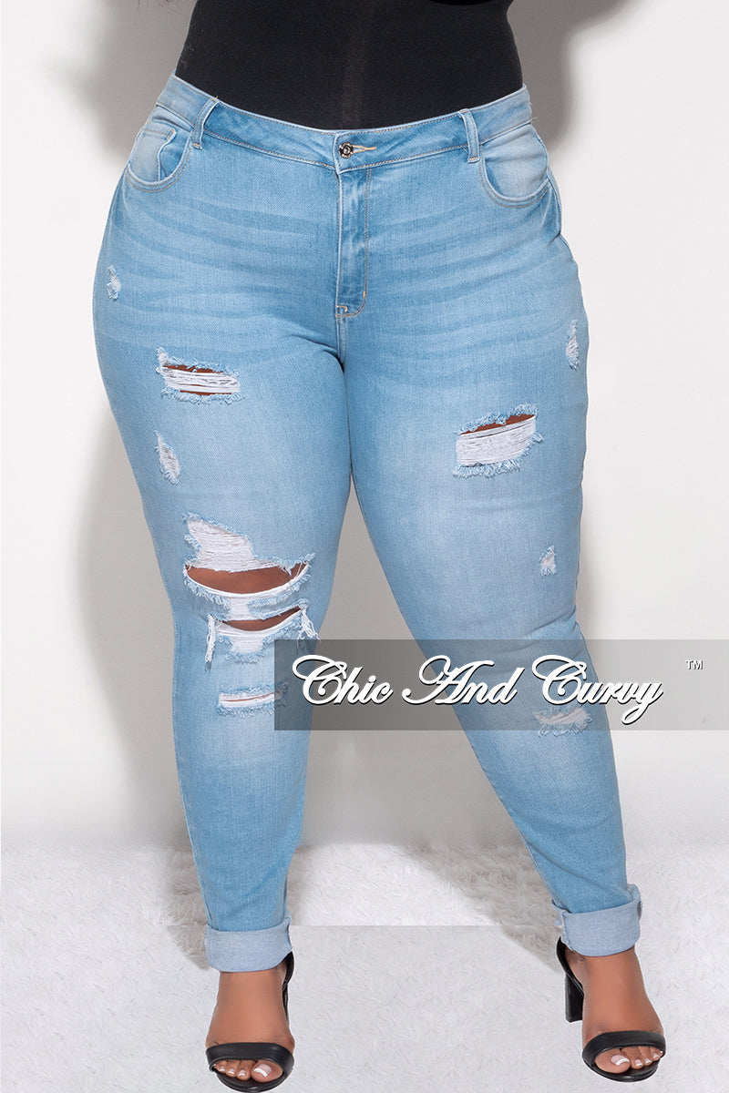 Final Sale Plus Size Distressed Jeans in Light Denim