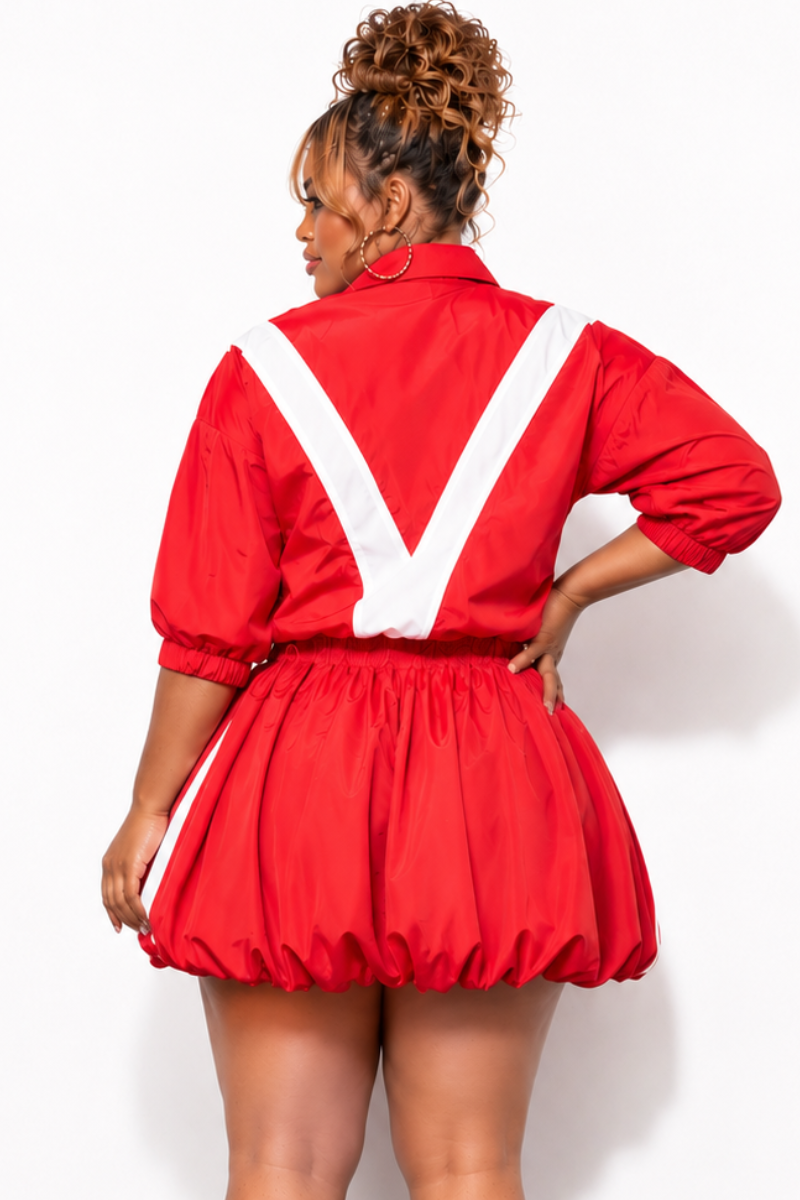 Final Sale Plus Size (Windbreaker Fabric) 2pc Skirt Set in Red with White Stripes