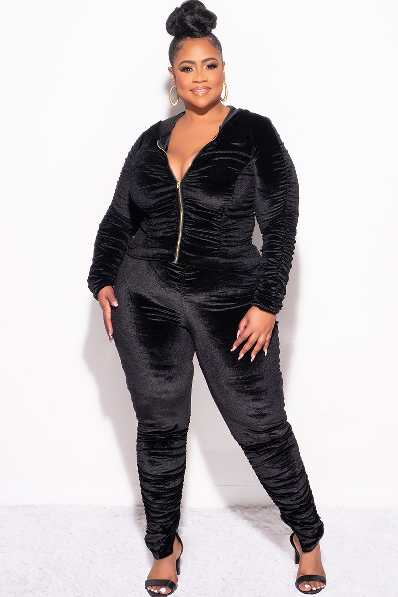 Final Sale Plus Size 2pc Ruched Hooded Zip-Up Top and Pants Set in Black Velvet