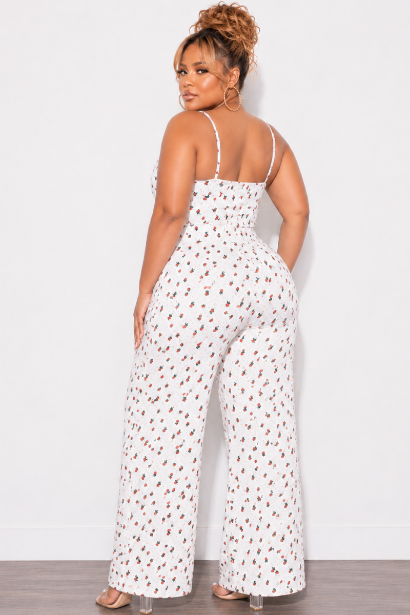 Final Sale Plus Size Jumpsuit In White Cream Ivory With Red Roses
