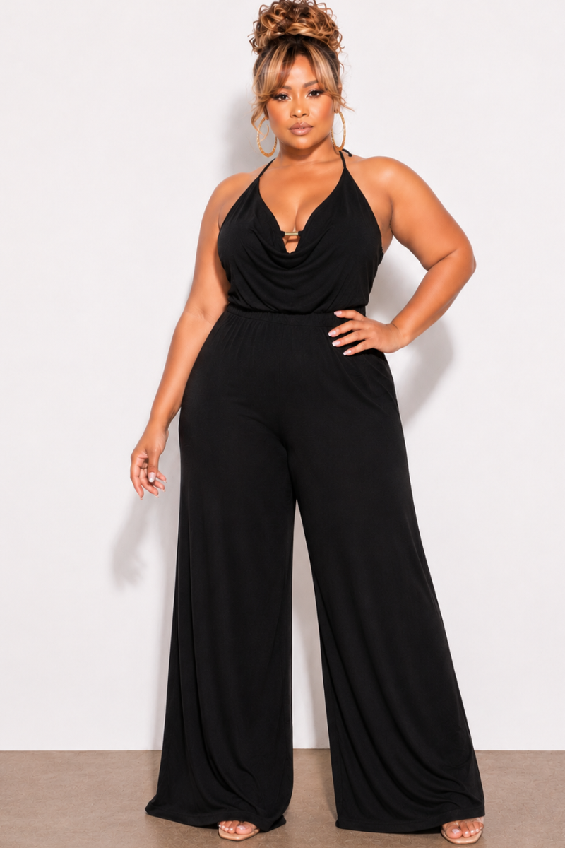 Final Sale Plus Size Spaghetti Strap Halter Jumpsuit in Black