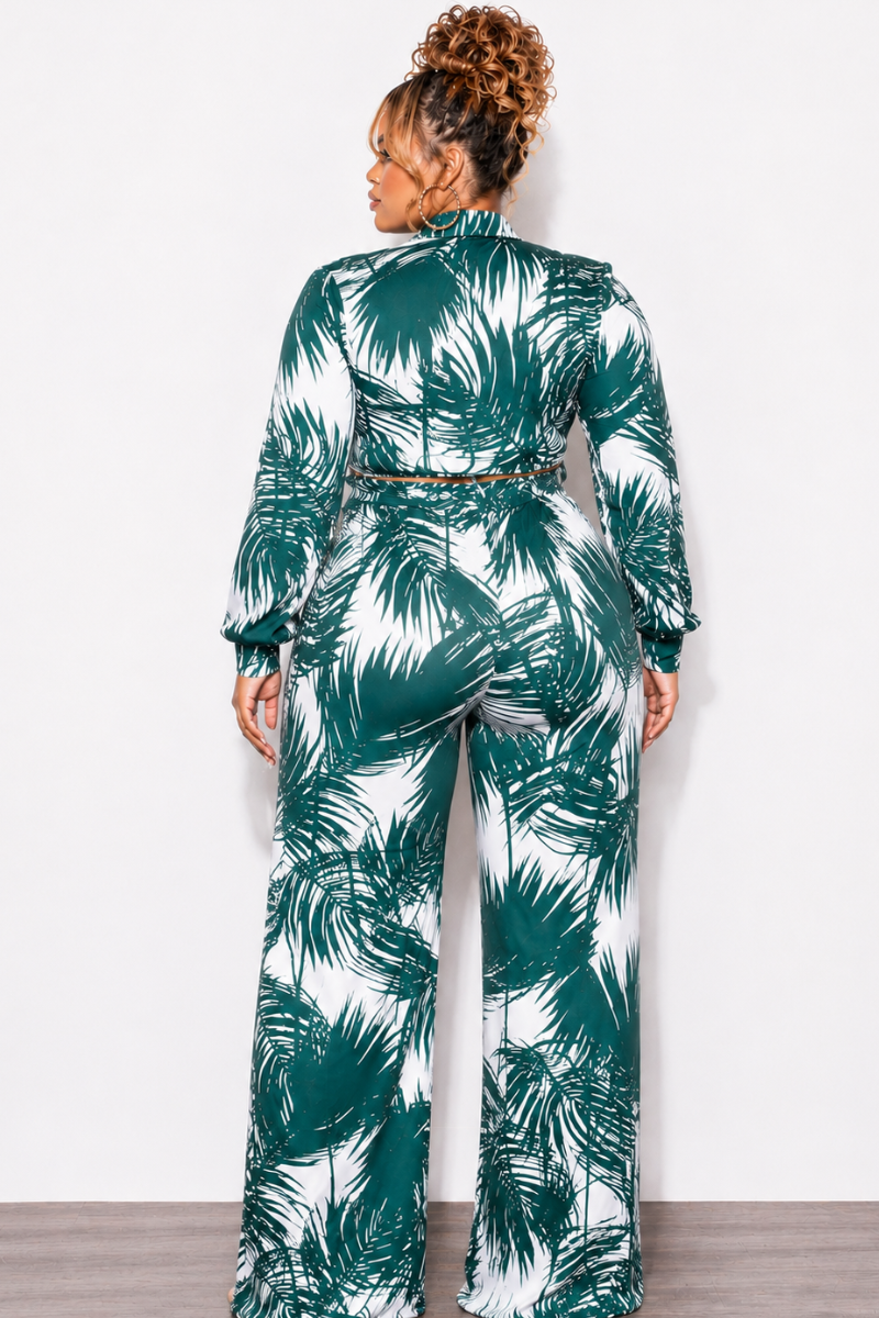 Final Sale Plus Size 2pc Crop Top & Palazzo Pant Set in Green Palm Print