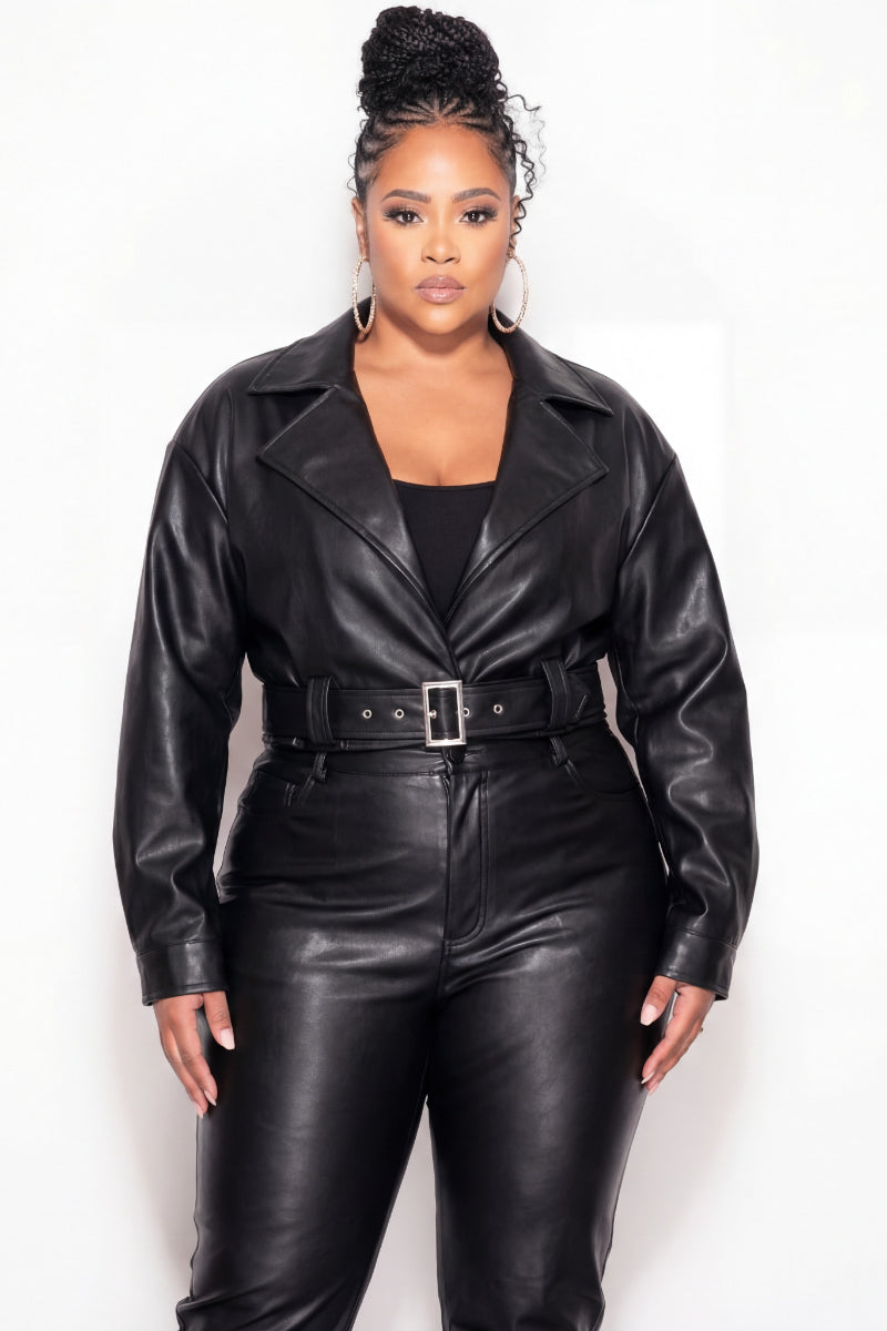 Final Sale Plus Size Faux Leather Cropped Jacket in Black