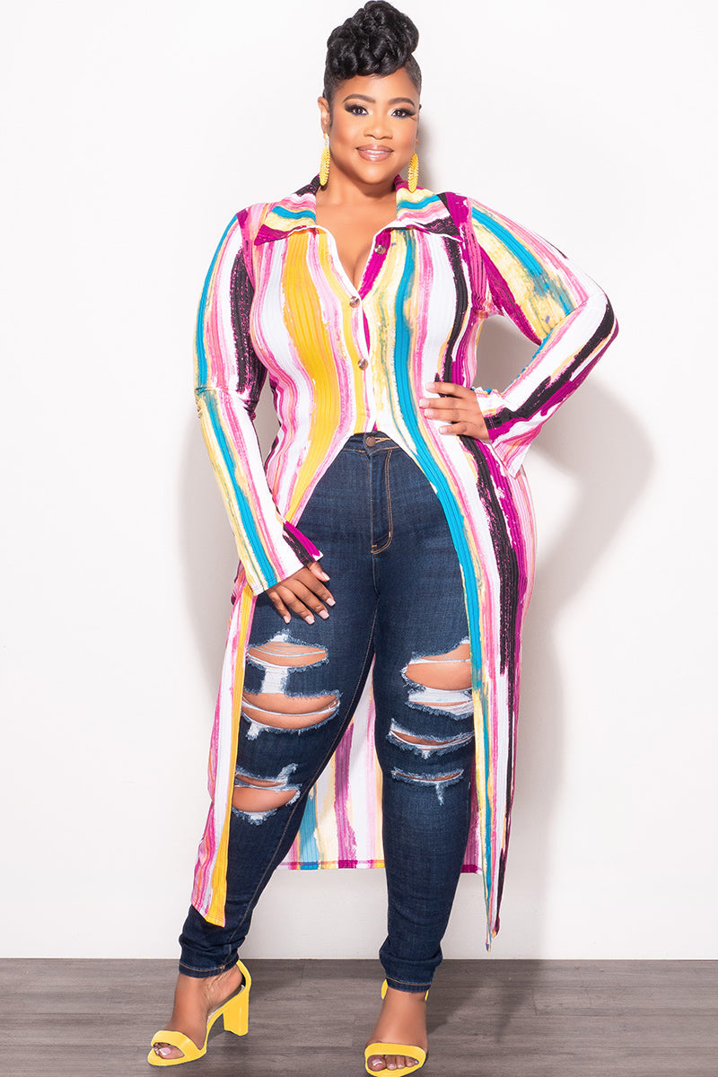 Final Sale Plus Size Ribbed Collar Button Up High-Low Top in Mustard Multi Color Print