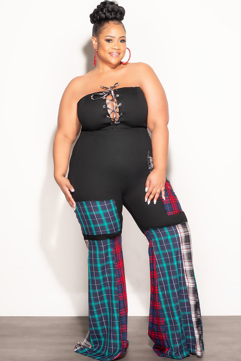 Final Sale Plus Size Strapless Lace Up Black & Multi-Color Plaid Patchwork Jumpsuit