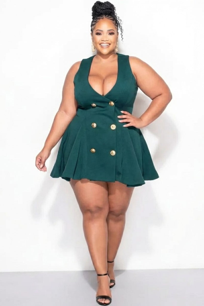 Final Sale Plus Size Sleeveless Scuba Baby Doll Dress with Gold Buttons in Teal