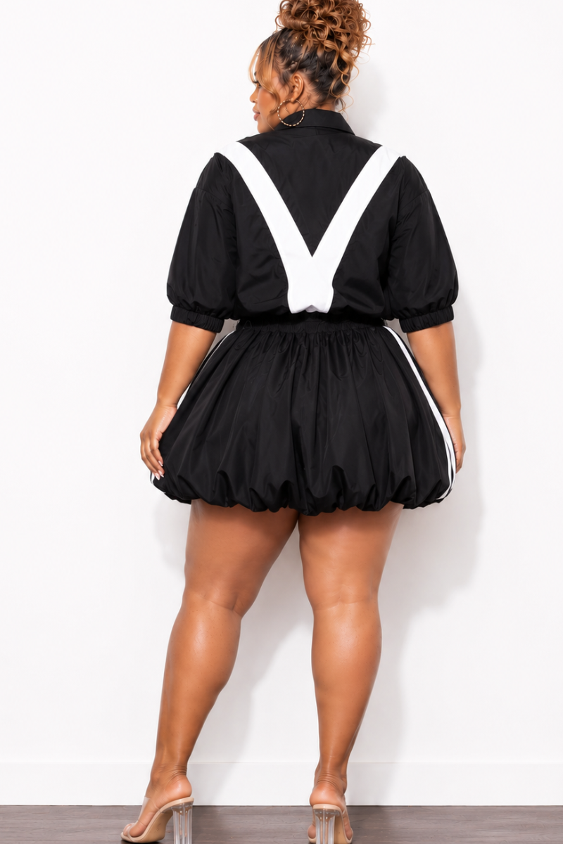 Final Sale Plus Size (Windbreaker Fabric) 2pc Skirt Set in Black with White Stripes
