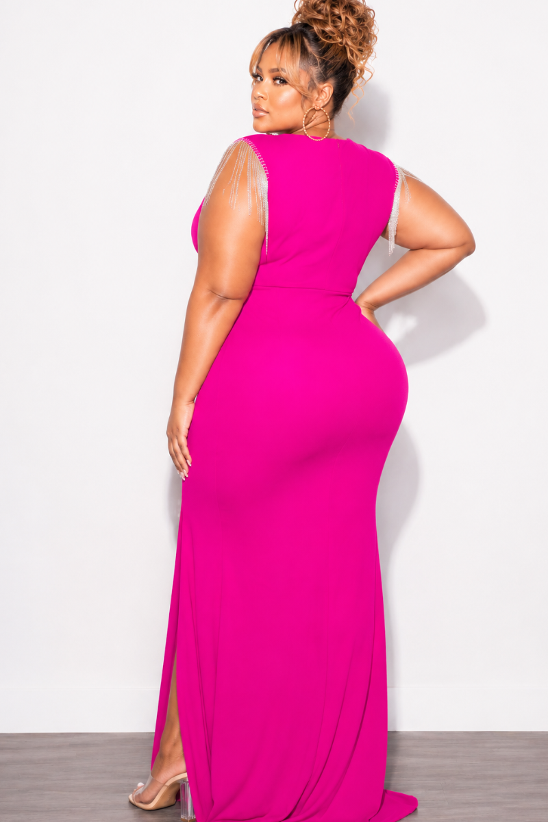 Final Sale Plus Size Faux Wrap Rhinestone Fringe Sleeve Maxi Dress in Fuchsia