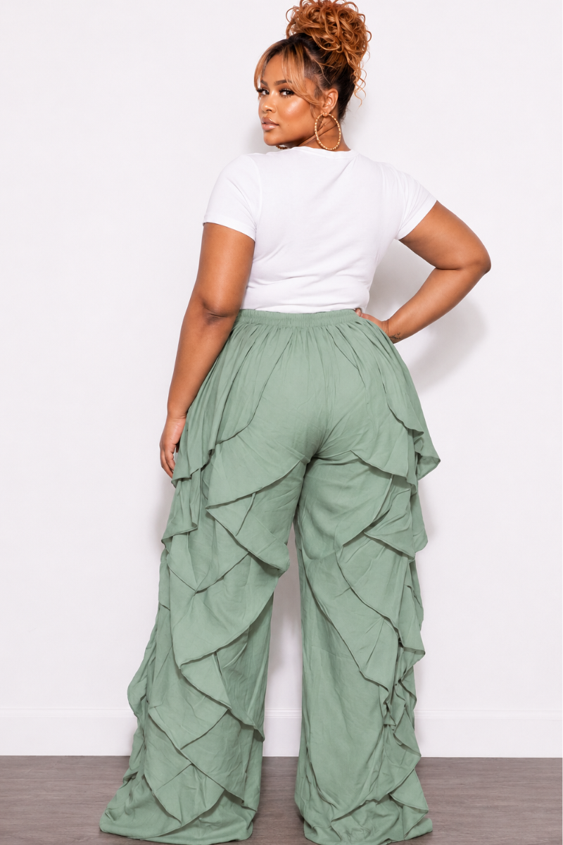 Final Sale Plus Size Wide Leg Drawstring Oversized Windbreaker Wavy Pants in Sage Green