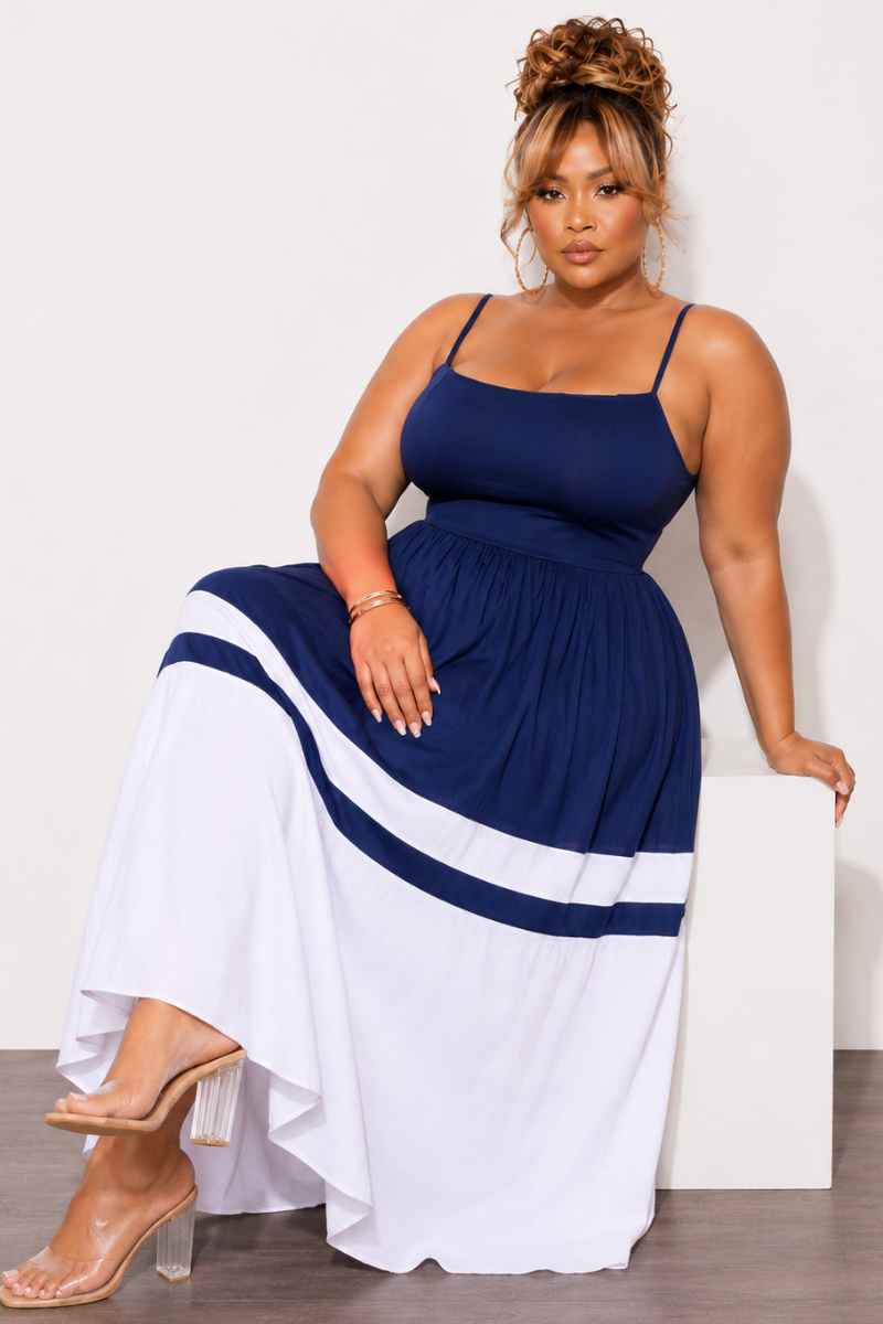 Final Sale Plus Size Poplin Color Block Maxi Dress Navy and White