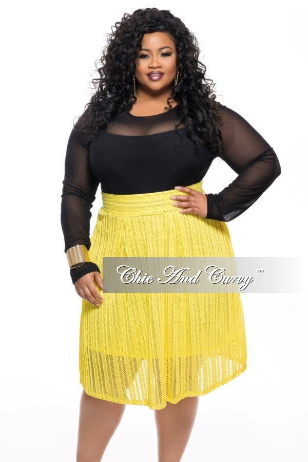 New Plus Size Lined Skirt with Designed Net Top Layer in Yellow