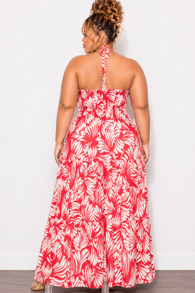 Final Sale Plus Size Halter Tiered Dress in Tomato Red & Off White Print