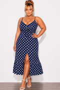 Final Sale Plus Size Spaghetti Strap Maxi Dress in Navy with White Polka Dots