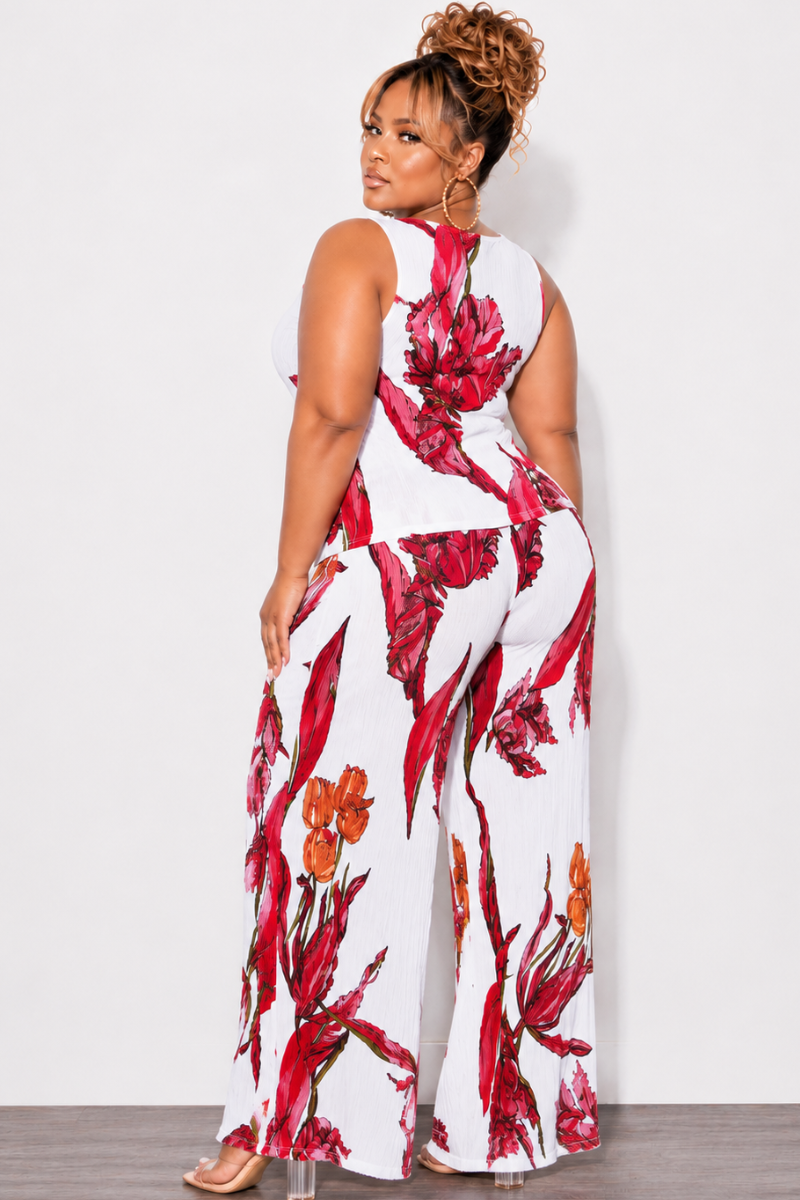 Final Sale Plus Size 2pc Sleeveless Wide Leg Pant Set in Red & White Print