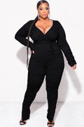 Final Sale Plus Size Ruched 2pc Faux Wrap Tie Top and Pants in Black