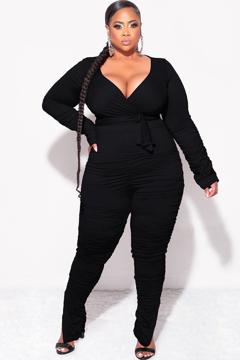 Final Sale Plus Size Ruched 2pc Faux Wrap Tie Top and Pants in Black