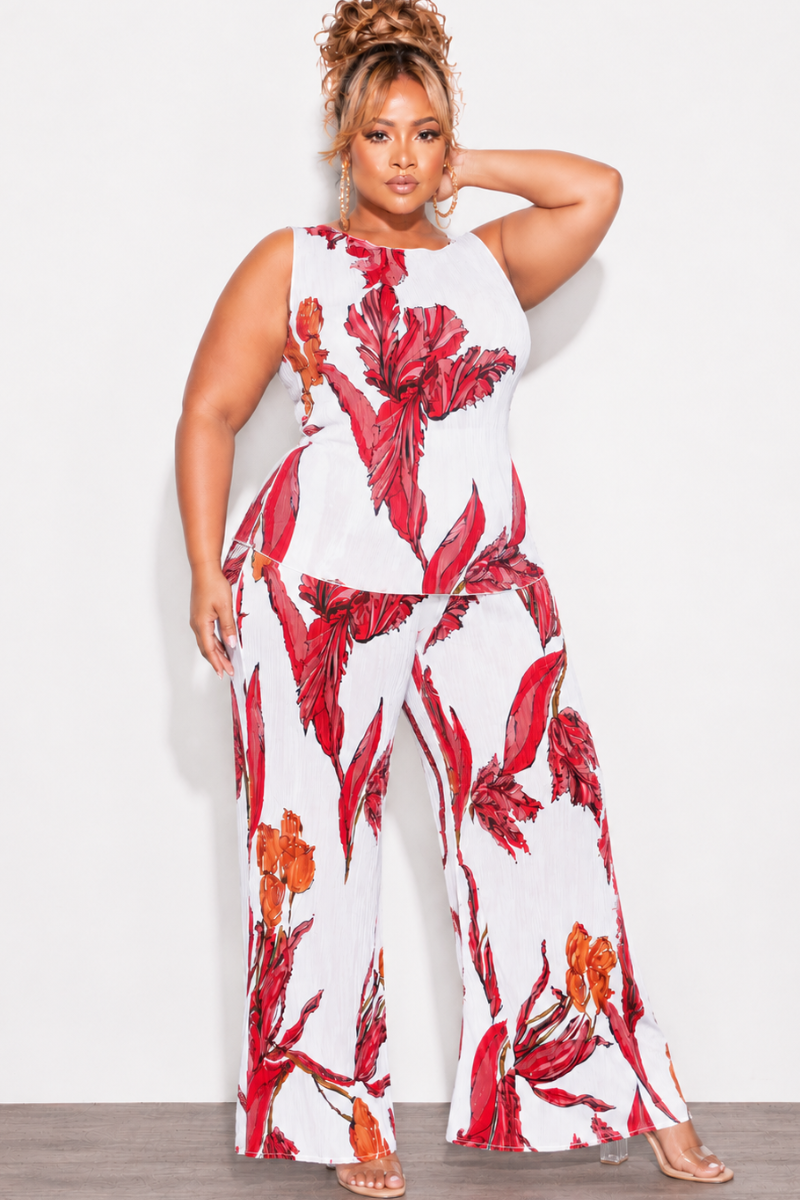 Final Sale Plus Size 2pc Sleeveless Wide Leg Pant Set in Red & White Print