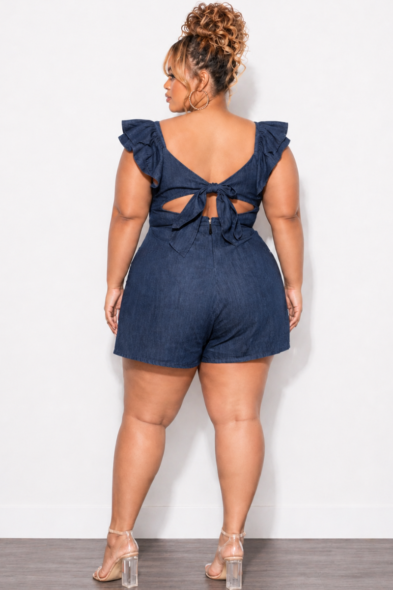 Final Sale Plus Size Sweetheart Ruffle Sleeve Romper in Denim
