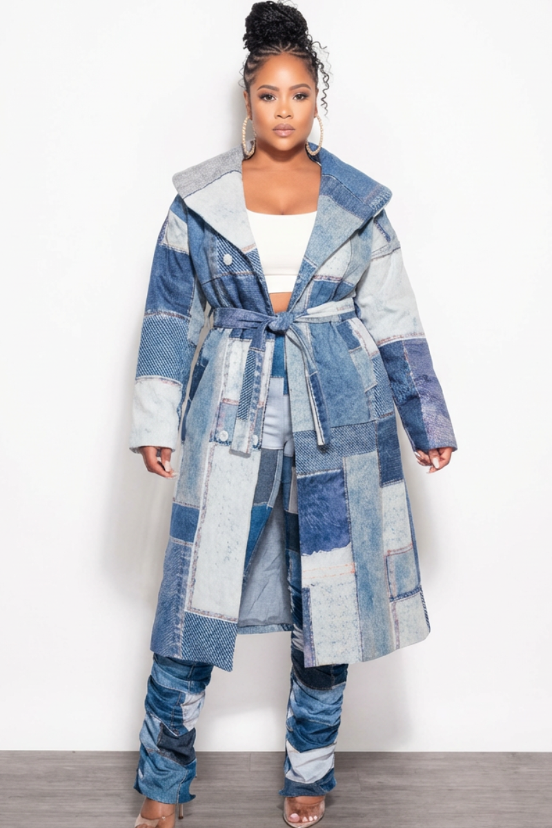 Final Sale Plus Size Faux Denim Printed Patchwork Print Coat