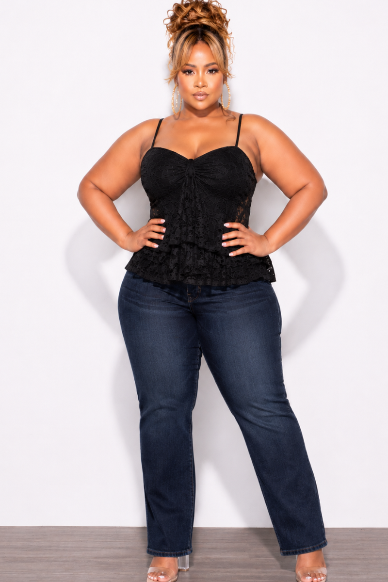Final Sale Plus Size Lace Halter Top in Black with Ruffle Middle