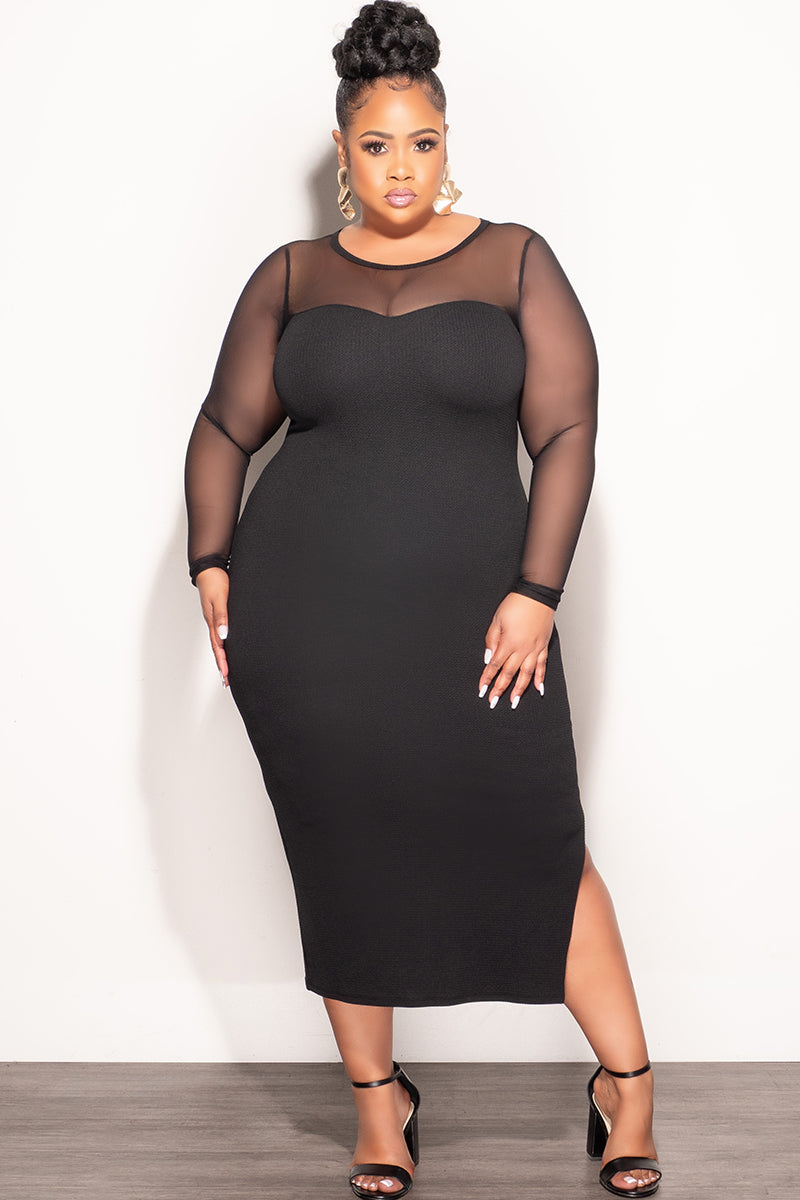 Final Sale Plus Size Midi Dress with Mesh in Black