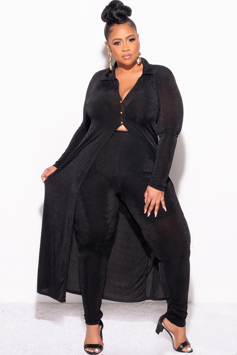 Final Sale Plus Size 2pc Set Duster Top with Front Gold Buttons and Matching Pants in Black Slinky Fabric