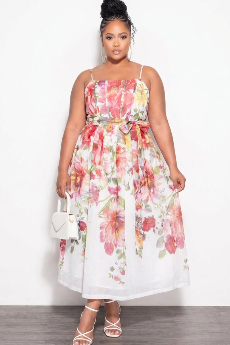 Final Sale Plus Size Spaghetti Strap Midi Dress in Floral Print